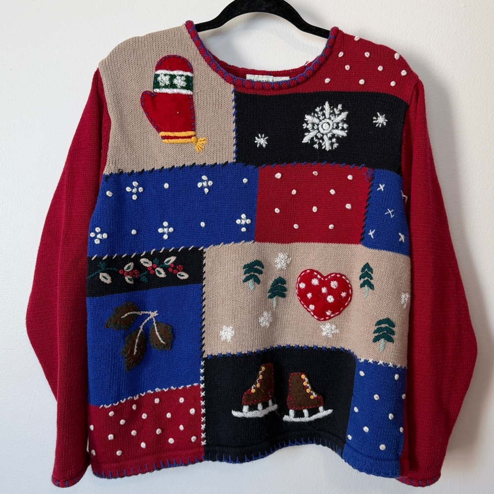 vintage novelty winter scene patchwork sweater Cl… - image 2
